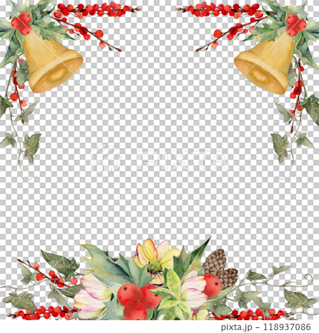 Hellebore holly winter berries fir tree cones ivy vine, gold bells. Watercolor hand drawn illustration corner frame isolated on white. Xmas, happy new year festive, noel navidad holiday. Cards, gifts. Hellebore holly winter berries fir tree cones ivy vine, gold bells. Watercolor hand drawn illustration corner frame isolated on white. Xmas, happy new year festive, noel navidad holiday. Cards, gifts. 118937086