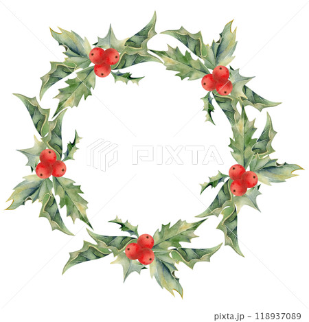 Holly evergreen leaves with red berries rosette. Watercolor hand drawn illustration, wreath chaplet frame isolated on white. Xmas, happy new year festive, noel navidad. Print paper, textile fabric 118937089