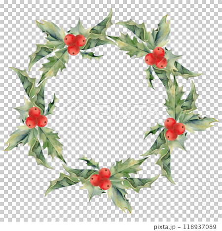 Holly evergreen leaves with red berries rosette. Watercolor hand drawn illustration, wreath chaplet frame isolated on white. Xmas, happy new year festive, noel navidad. Print paper, textile fabric 118937089