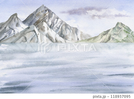 Scenery landscape cloudy blue sky, mountains on horizon, water surface with waves, sea lake ocean, watercolor hand drawn. Illustration for tourism, resort ads, hiking camping sites vacation, postcard. Scenery landscape cloudy blue sky, mountains on horizon, water surface with waves, sea lake ocean, watercolor hand drawn. Illustration for tourism, resort ads, hiking camping sites vacation, postcard. 118937095