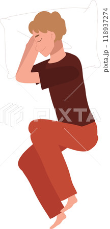A man in pajamas enjoying a peaceful night sleep. Peaceful sleep of man in pajamas. relaxed bedtime posture A man in pajamas enjoying a peaceful night sleep. Peaceful sleep of man in pajamas. relaxed bedtime posture 118937274