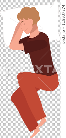 A man in pajamas enjoying a peaceful night sleep. Peaceful sleep of man in pajamas. relaxed bedtime posture A man in pajamas enjoying a peaceful night sleep. Peaceful sleep of man in pajamas. relaxed bedtime posture 118937274