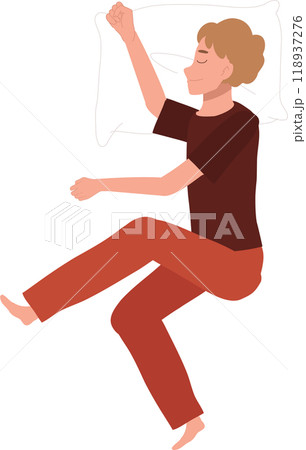 A man in pajamas enjoying a peaceful night sleep. Peaceful sleep of man in pajamas. relaxed bedtime posture A man in pajamas enjoying a peaceful night sleep. Peaceful sleep of man in pajamas. relaxed bedtime posture 118937276