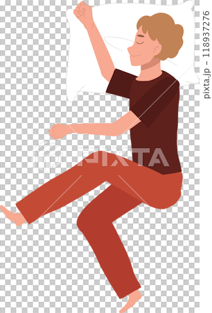 A man in pajamas enjoying a peaceful night sleep. Peaceful sleep of man in pajamas. relaxed bedtime posture A man in pajamas enjoying a peaceful night sleep. Peaceful sleep of man in pajamas. relaxed bedtime posture 118937276