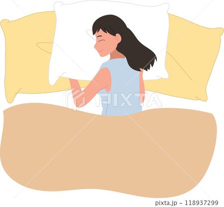 Cartoon illustration of a woman in pajamas sleeping peacefully on a bed, dreaming sweetly with a pillow Cartoon illustration of a woman in pajamas sleeping peacefully on a bed, dreaming sweetly with a pillow 118937299