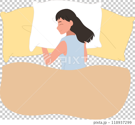 Cartoon illustration of a woman in pajamas sleeping peacefully on a bed, dreaming sweetly with a pillow Cartoon illustration of a woman in pajamas sleeping peacefully on a bed, dreaming sweetly with a pillow 118937299