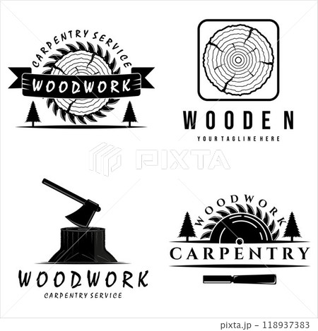 set of carpentry vector logo illustration design. wood logo template for carpenter. sawmill and carpentry service. pine and wood work logo inspiration . ax and chisel logo vector illustration 118937383