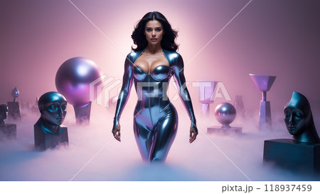 Futuristic woman walking in vaporwave landscape with statues and geometric shapes 118937459