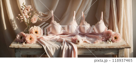 Pink lace bras and underwear lying on rustic table with flower bouquet advertising banner concept 118937465