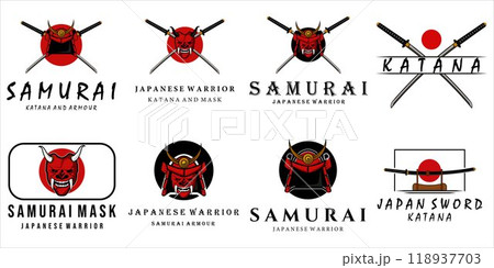 set of samurai logo vector vintage illustration template emblem design . katana sword mask helmet armour for japanese warrior and samurai bundle collection modern logo concept illustration template set of samurai logo vector vintage illustration template emblem design . katana sword mask helmet armour for japanese warrior and samurai bundle collection modern logo concept illustration template 118937703