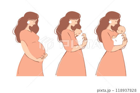 Maternity stages flat icon set. Pregnant woman, mommy hugging a newborn baby, sleeping toddler. Vector isolated on white. Pregnancy character, mother s day card. 118937828