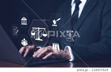 Businessman or Lawyer working with legal services icons on a laptop virtual screen can legal advice online such as labor law for business or company. Notary public, business legislation, justice, Businessman or Lawyer working with legal services icons on a laptop virtual screen can legal advice online such as labor law for business or company. Notary public, business legislation, justice, 118937829