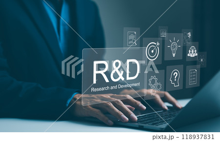 Research and Development, R and D innovation concept. A professional businessman works on a laptop with virtual R&D (Research and Development) graphics, highlighting innovative business solutions. Research and Development, R and D innovation concept. A professional businessman works on a laptop with virtual R&D (Research and Development) graphics, highlighting innovative business solutions. 118937831