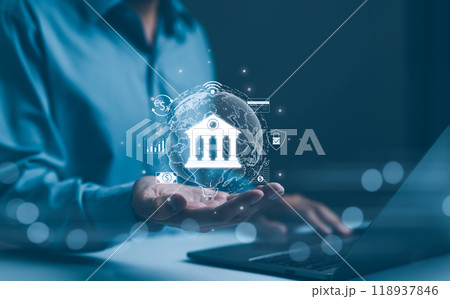 Digital Banking and Financial Technology Concept. A person presents digital banking and financial technology icons, and currency symbols, emphasizing modern online payment systems and e-commerce. 118937846