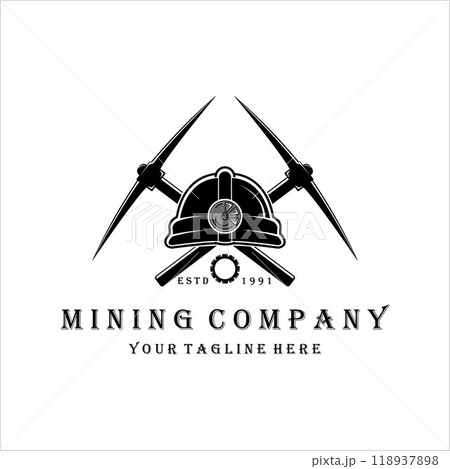 pickax or pickaxe mining logo vector vintage illustration design . mining helmet equipment for professional miner logo concept design. tools and equipment for mining logo vector vintage design 118937898