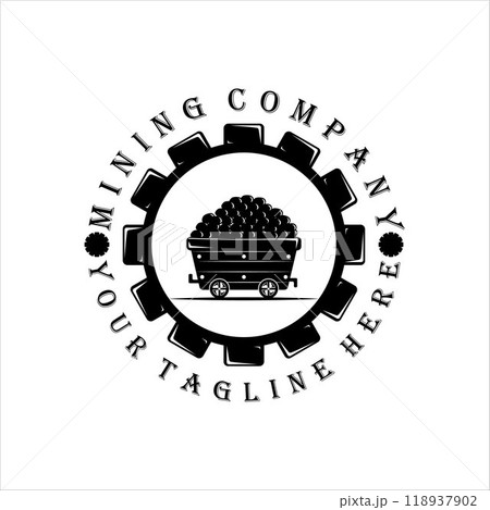 mining cart logo vector vintage illustration template design. gear logo vector for mining company. tools or equipment mining logo illustration design 118937902