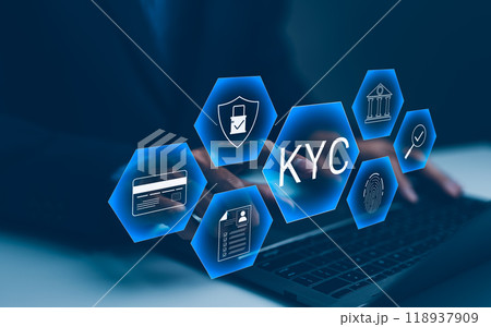 Interactive KYC compliance interface with the user. Business professional interacting with a Know Your Customer (KYC) compliance and security interface on digital screen. Identity verification, E KYC, 118937909