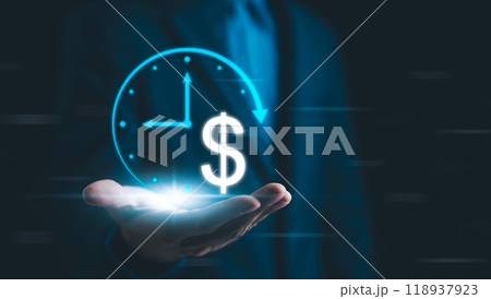 ROI, Return on Investment Concept. A businessman in a suit holds a holographic clock and dollar symbol, representing the concept of time and financial investment in business. investment strategy, ROI, Return on Investment Concept. A businessman in a suit holds a holographic clock and dollar symbol, representing the concept of time and financial investment in business. investment strategy, 118937923