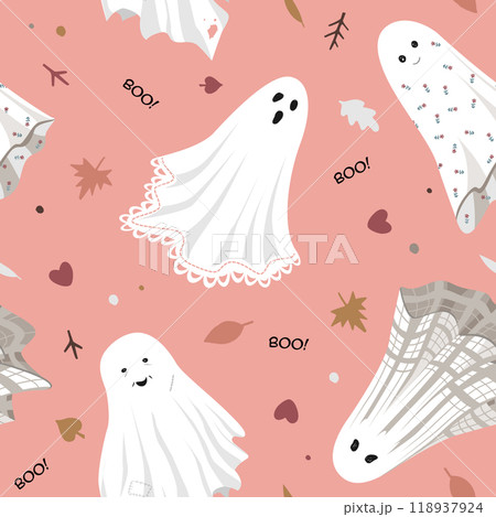 Cute ghost boo holiday character seamless pattern. Vector Halloween illustration on old pink background. Cute ghost boo holiday character seamless pattern. Vector Halloween illustration on old pink background. 118937924