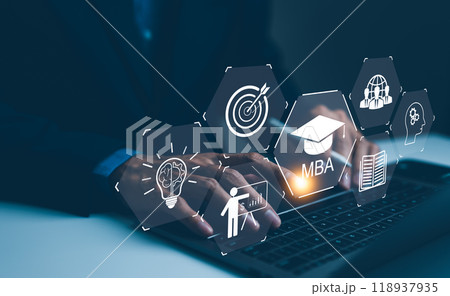 MBA Master of Business Administration Education concept. A person types on a laptop with virtual icons representing MBA education, including graduation cap, target, light bulb, teamwork, and books. 118937935