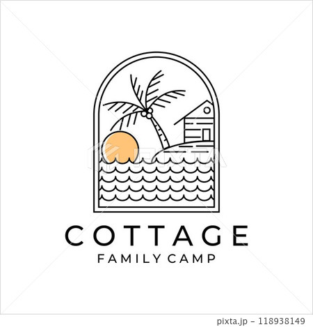 cottage or cabin line art simple minimalist vector logo illustration design. badge cottage at the beach and palm tree family camp line art minimalist vector logo concept icon simple design cottage or cabin line art simple minimalist vector logo illustration design. badge cottage at the beach and palm tree family camp line art minimalist vector logo concept icon simple design 118938149