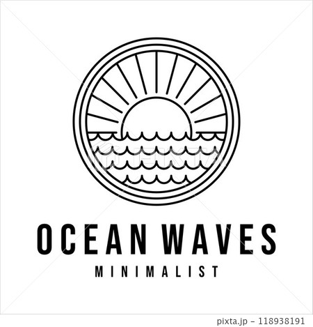 ocean waves line art logo vector illustration template design. sea wave with sun badge icon creative design 118938191