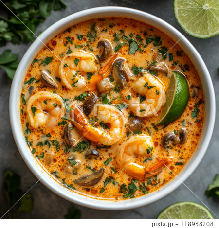 Generative ai illustration of a Spicy Thai soup with shrimp Generative ai illustration of a Spicy Thai soup with shrimp 118938208