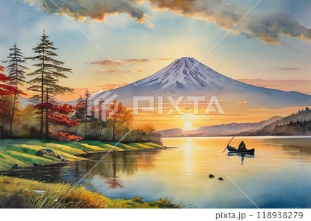 紅葉の秋、富士山の見える湖でカヌーに乗る人物 118938279