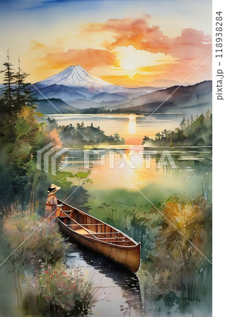 紅葉の秋、富士山の見える湖でカヌーに乗る人物 118938284