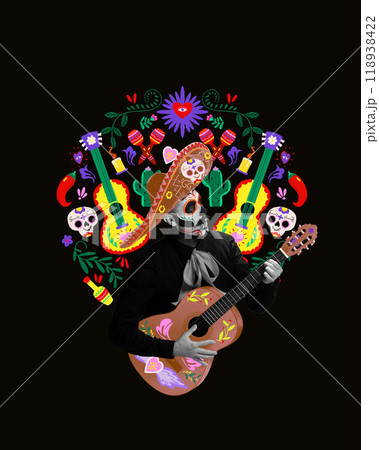 Contemporary art collage. Guitarist dressed for Day of Dead plays surrounded by colorful symbols-guitars, skulls, and candles add to lively atmosphere. 118938422