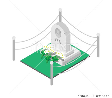 Isometric tombstone monument of a famous person with bouquets of flowers laid by fans and admirers. 3D vector isolated on white background Isometric tombstone monument of a famous person with bouquets of flowers laid by fans and admirers. 3D vector isolated on white background 118938437