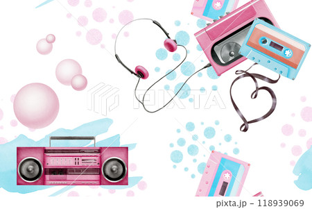 Seamless pattern 80s,90s style in bright colors.Watercolor illustrations of tape recorder,player with headphones,tape cassette with a tape in the shape of a heart,bubble gum,background comic and spots Seamless pattern 80s,90s style in bright colors.Watercolor illustrations of tape recorder,player with headphones,tape cassette with a tape in the shape of a heart,bubble gum,background comic and spots 118939069
