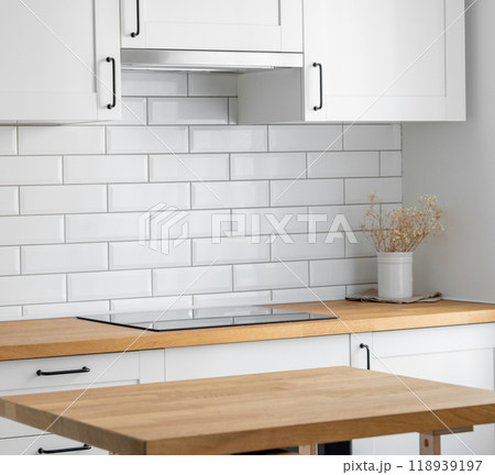 Wooden oak countertop with free space for displaying or advertising a product or food Wooden oak countertop with free space for displaying or advertising a product or food 118939197
