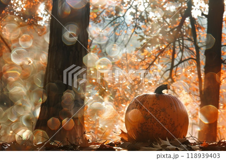 Realistic halloween pumpkin on a glowing bokeh background for festive atmosphere 118939403