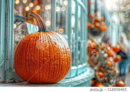 Realistic halloween pumpkin against a glowing bokeh background for a festive atmosphere 118939405