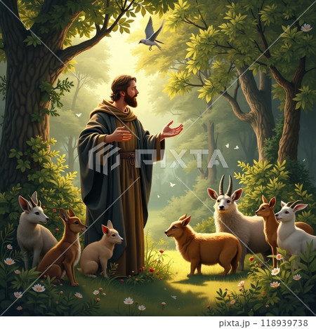 Bearded man in robes with outstretched arms, standing in a sunlit forest glade surrounded by various animals, portraying harmony with nature Bearded man in robes with outstretched arms, standing in a sunlit forest glade surrounded by various animals, portraying harmony with nature 118939738
