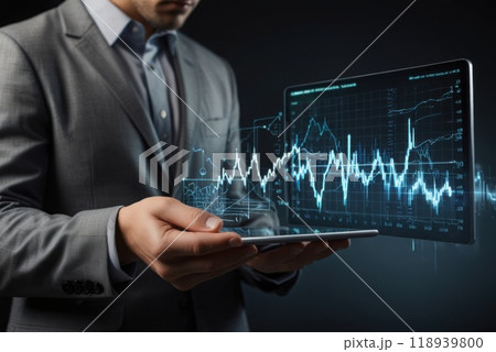 Man with modern tablet in hands against digital chart background. Concept of modern technologies, crypto trading, trading on financial exchanges 118939800