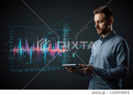 Man with modern tablet in hands against digital chart background. Concept of modern technologies, crypto trading, trading on financial exchanges 118939801