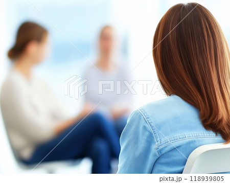 A warm and supportive scene of a group discussion between women, one seen from the back, in a calm and blurred setting, creating an atmosphere of trust and comfort 118939805