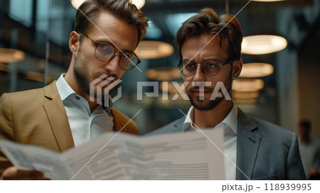 Two businessmen intently reviewing a document in office environment. Teamwork, examine the project 118939995