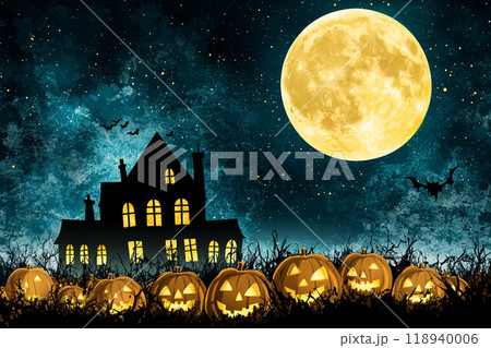 ハロウィンの月夜に浮かぶ不気味な家とカボチャのシルエットのイラスト ハロウィンの月夜に浮かぶ不気味な家とカボチャのシルエットのイラスト 118940006