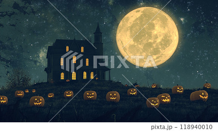 ハロウィンの月夜に浮かぶ不気味な家とカボチャのシルエットのイラスト ハロウィンの月夜に浮かぶ不気味な家とカボチャのシルエットのイラスト 118940010