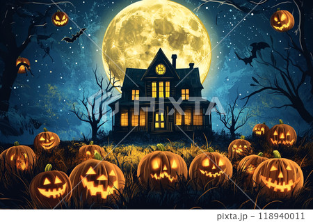 ハロウィンの月夜に浮かぶ不気味な家とカボチャのシルエットのイラスト ハロウィンの月夜に浮かぶ不気味な家とカボチャのシルエットのイラスト 118940011