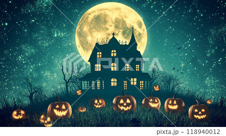 ハロウィンの月夜に浮かぶ不気味な家とカボチャのシルエットのイラスト ハロウィンの月夜に浮かぶ不気味な家とカボチャのシルエットのイラスト 118940012