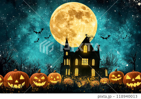 ハロウィンの月夜に浮かぶ不気味な家とカボチャのシルエットのイラスト ハロウィンの月夜に浮かぶ不気味な家とカボチャのシルエットのイラスト 118940013
