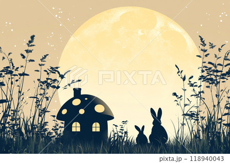 満月の夜に現れる小さな家とウサギのシルエット、十五夜、秋 満月の夜に現れる小さな家とウサギのシルエット、十五夜、秋 118940043