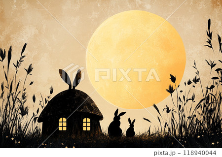 満月の夜に現れる小さな家とウサギのシルエット、十五夜、秋 満月の夜に現れる小さな家とウサギのシルエット、十五夜、秋 118940044