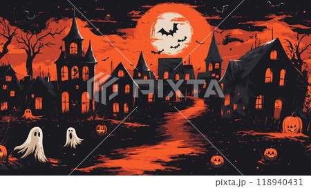 Halloween haunted house and small town with full moon background. 118940431