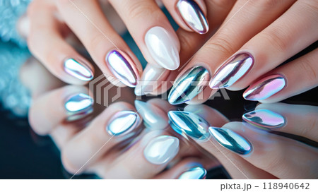 Shimmering metallic manicure with reflective chrome nails trend. Beauty and hand care concept 118940642