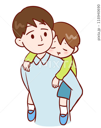 寝ている子どもをおんぶしている父親 118940690
